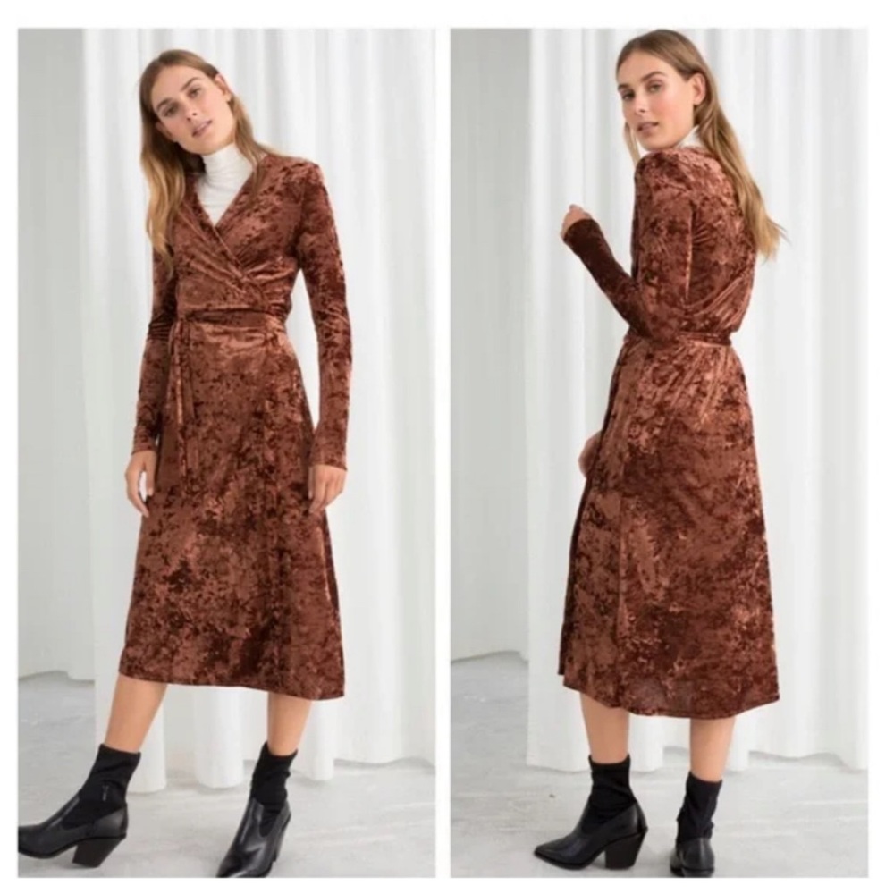 & other stories crushed velvet long sleeve wrap midi dress